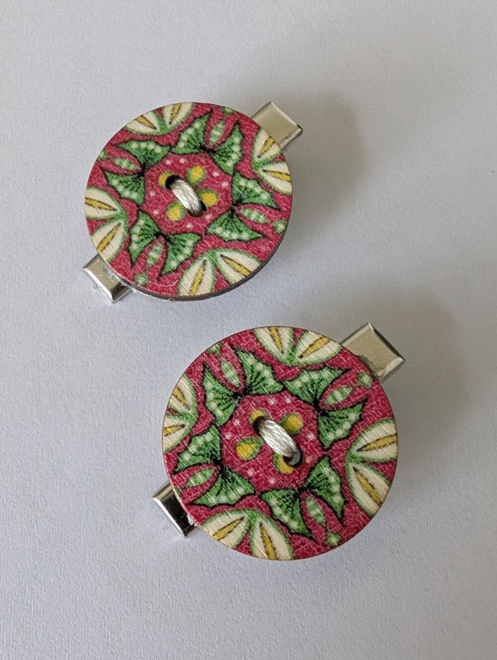 4/$20 Set Of Two Upcycled Wood Button Alligator Hair Clips Pink Green